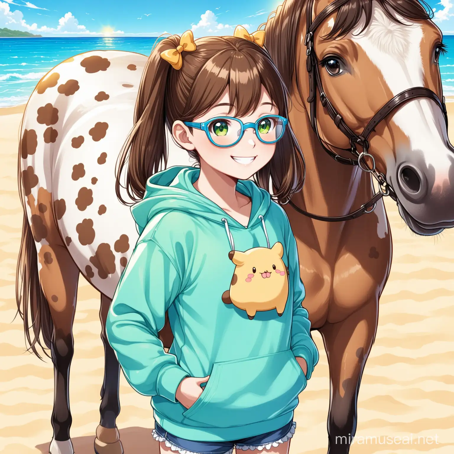 11 year old girl wearing a pompompurin hoodie, light blue glasses, long brown hair in pigtails, green eyes, smiling, standing next to an appaloosa horse, sunny beach