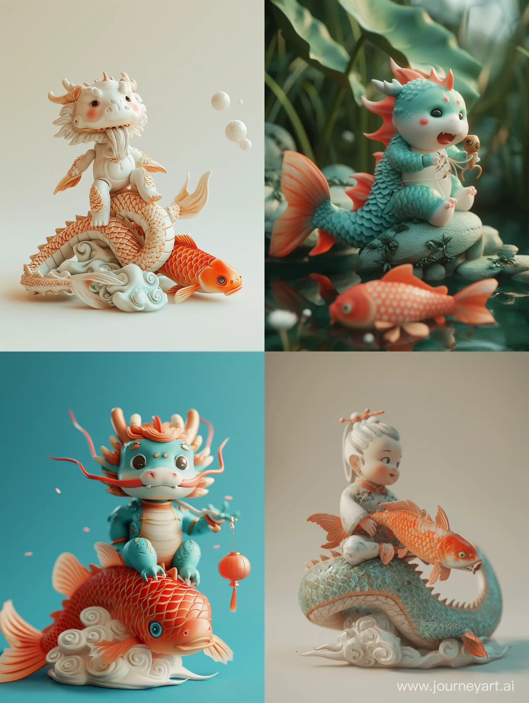 Chinese dragon toy, cute, sitting on a cute carp,humanoid, clean background,C4D, OC rendere