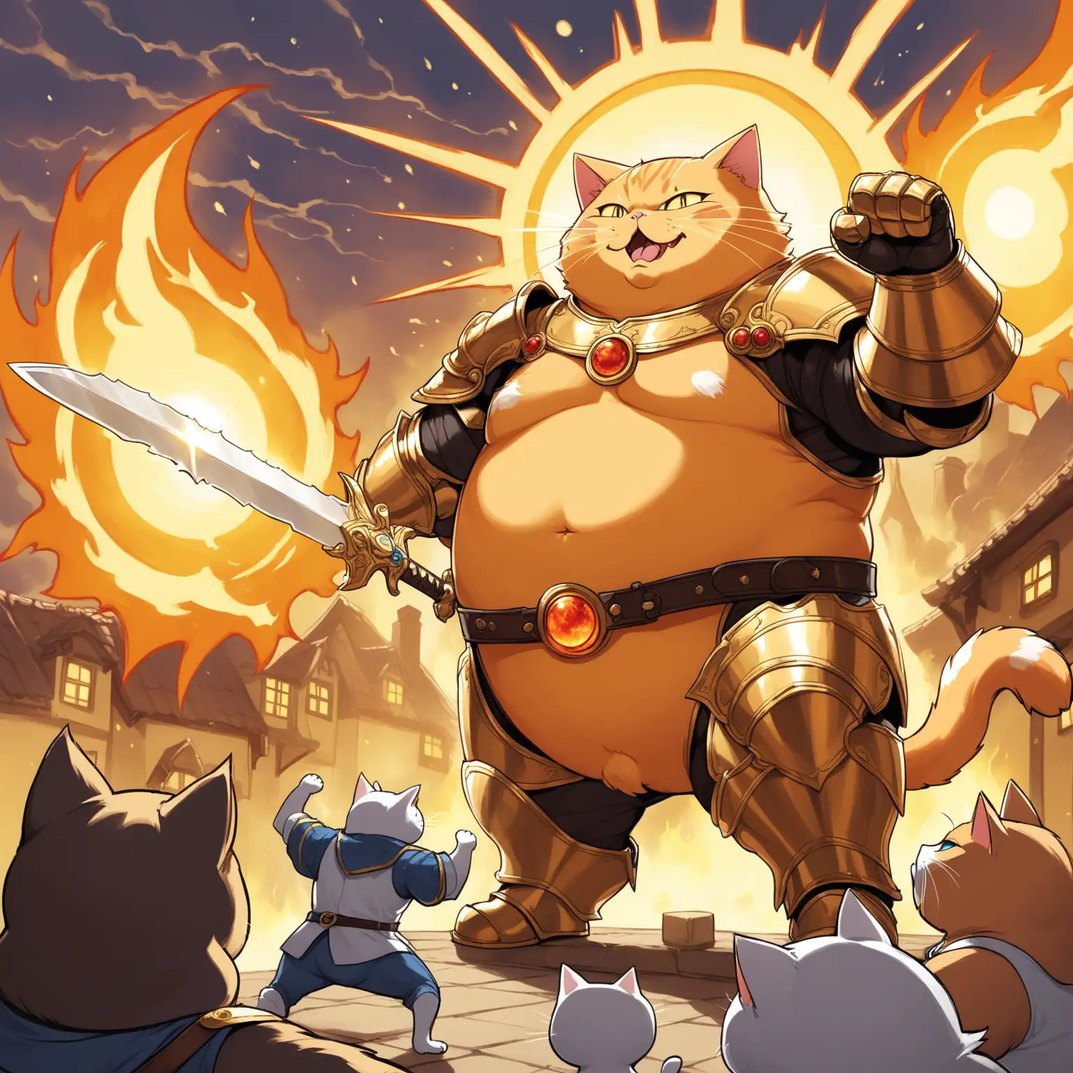Mordenkainen the blonde cat warrior strikes a mighty battle pose against the sunspirit flame. The fat chubby warriors holds his sword aloft pointed at the evil sun spark ghost. His leather armor barely covers his bulgin belly. The bright spark glares angrily at the catperson. This epic battle for kitchen window supremacy will be told for ages