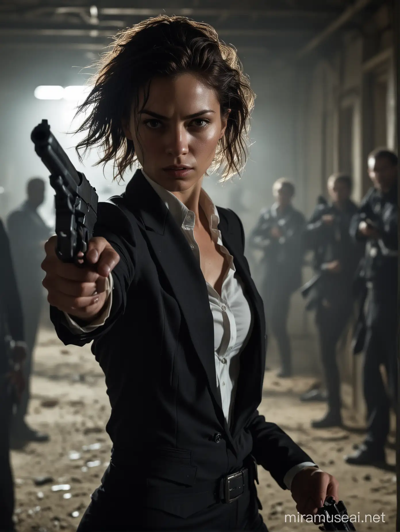 an bright image of a central 25 year old carribean character caught in a high-stakes moment, surrounded by numerous arms stretching from the shadows, each holding a sleek, menacing firearm. The female character stands resilient, with a determined gaze that confronts the danger head-on. her face is marked by the trials he's faced – a streak of simulated blood running down one side, and her hair tousled. she wears a dark suit that speaks of a grim elegance. The background is dimly lit, with an emphasis on the hands and guns converging towards her, creating a sense of tension and impending action. Capture the mood with sharp contrasts and a focused light source to highlight the facial expression and the steel of the guns --ar 4:3 --s 450 --v 6.0