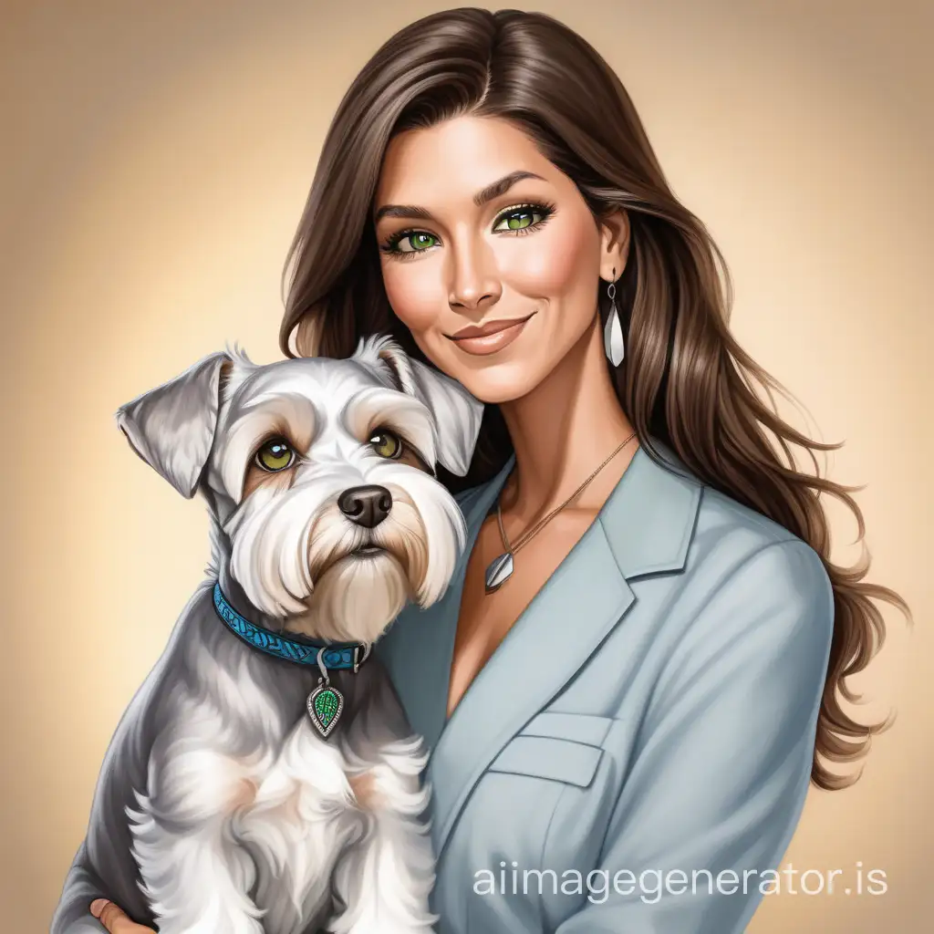 Realtor, female tall, brown hair shoulder length, Cherokee Indian features in the face, rounded shaped face,  lighter skinned, hazel eyes, bigger body,  medium sized boobs, holding small white female schnauzer with blue green eyes