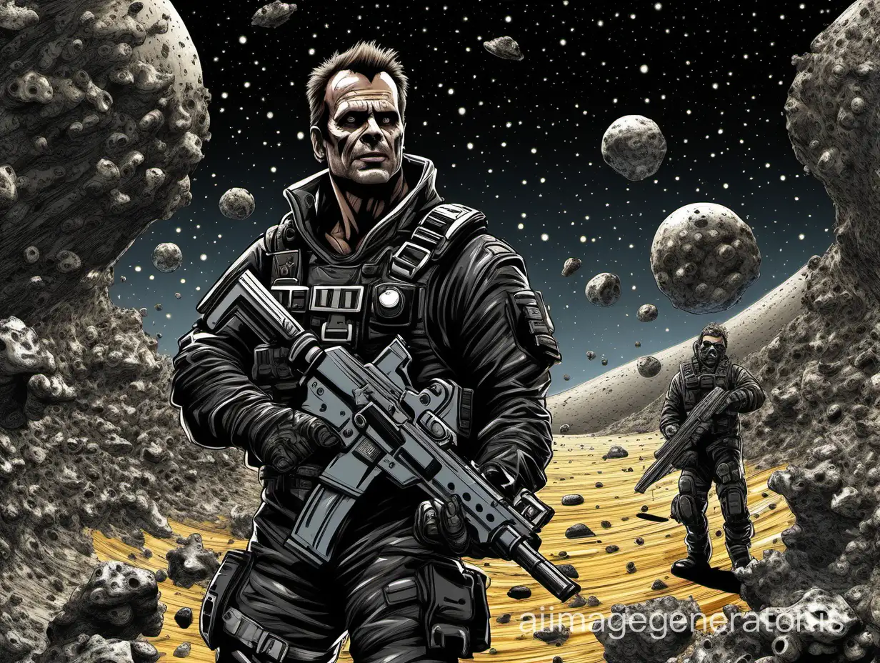 Sebastian Krüger caricature of a  Michael Biehn actor as a Bounty hunter wearing Adaptive camouflage suit, looking away from the camera mouth lips apart,  in a Asteroid belt mining colony at night.