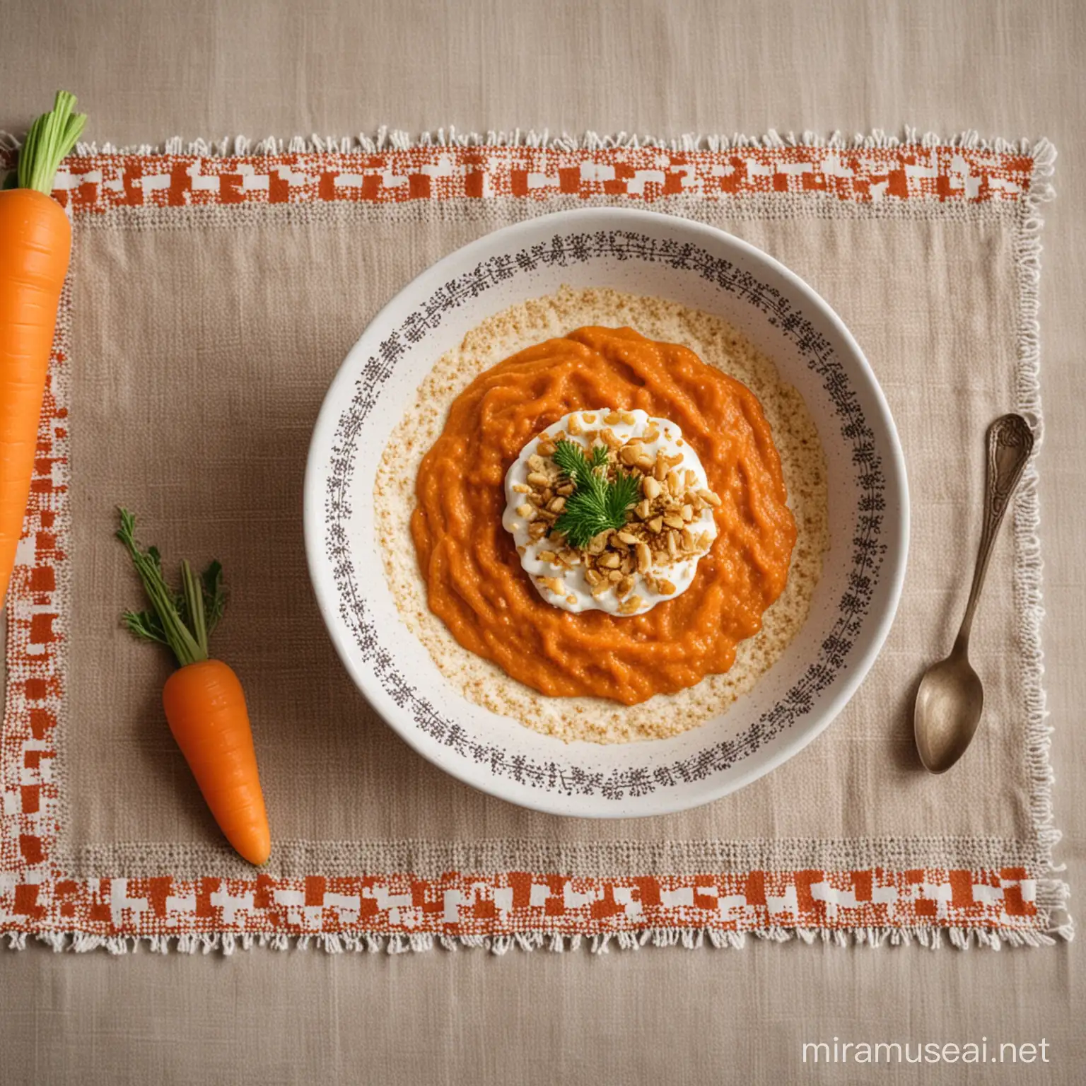Carrot Porridge in a bowl on a table with a fancy tablecloth