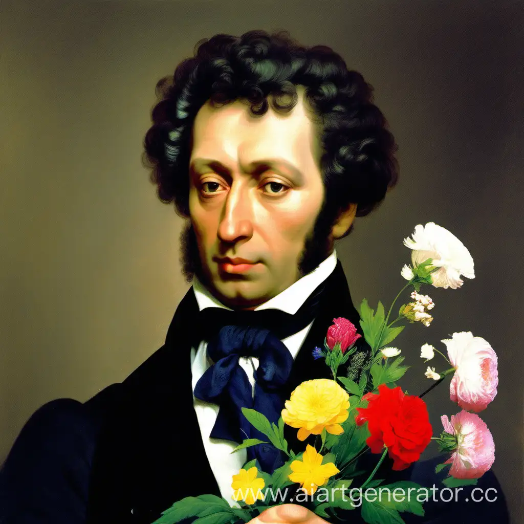 Pushkin-Holding-Bouquet-of-Flowers