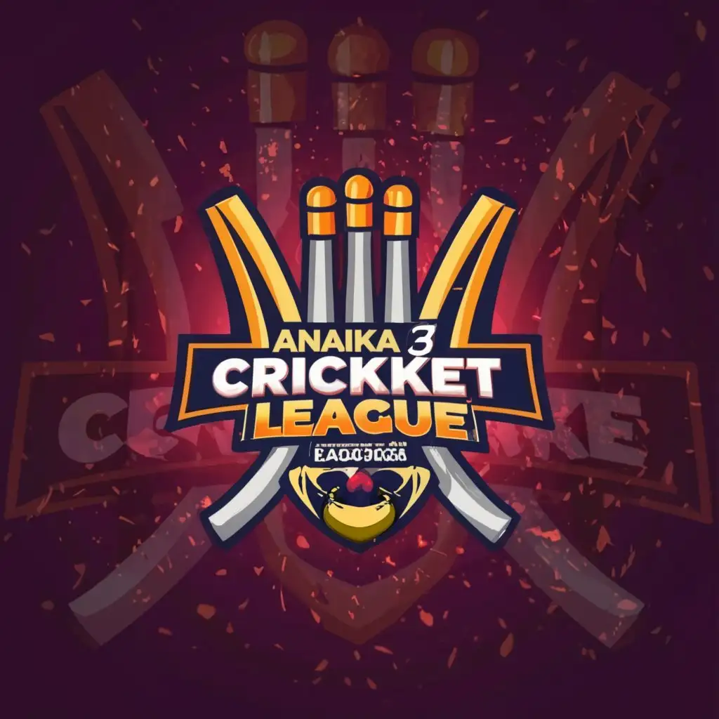 a logo design,with the text "ANAIKA 3 
CRICKET LEAGUE 2024", main symbol:HD BACKGROUND WITH CRICKET EQUIPMENTS LIKE BAT BOWL HELMATE TROPHY STUMPS,complex,be used in Sports Fitness industry,clear background