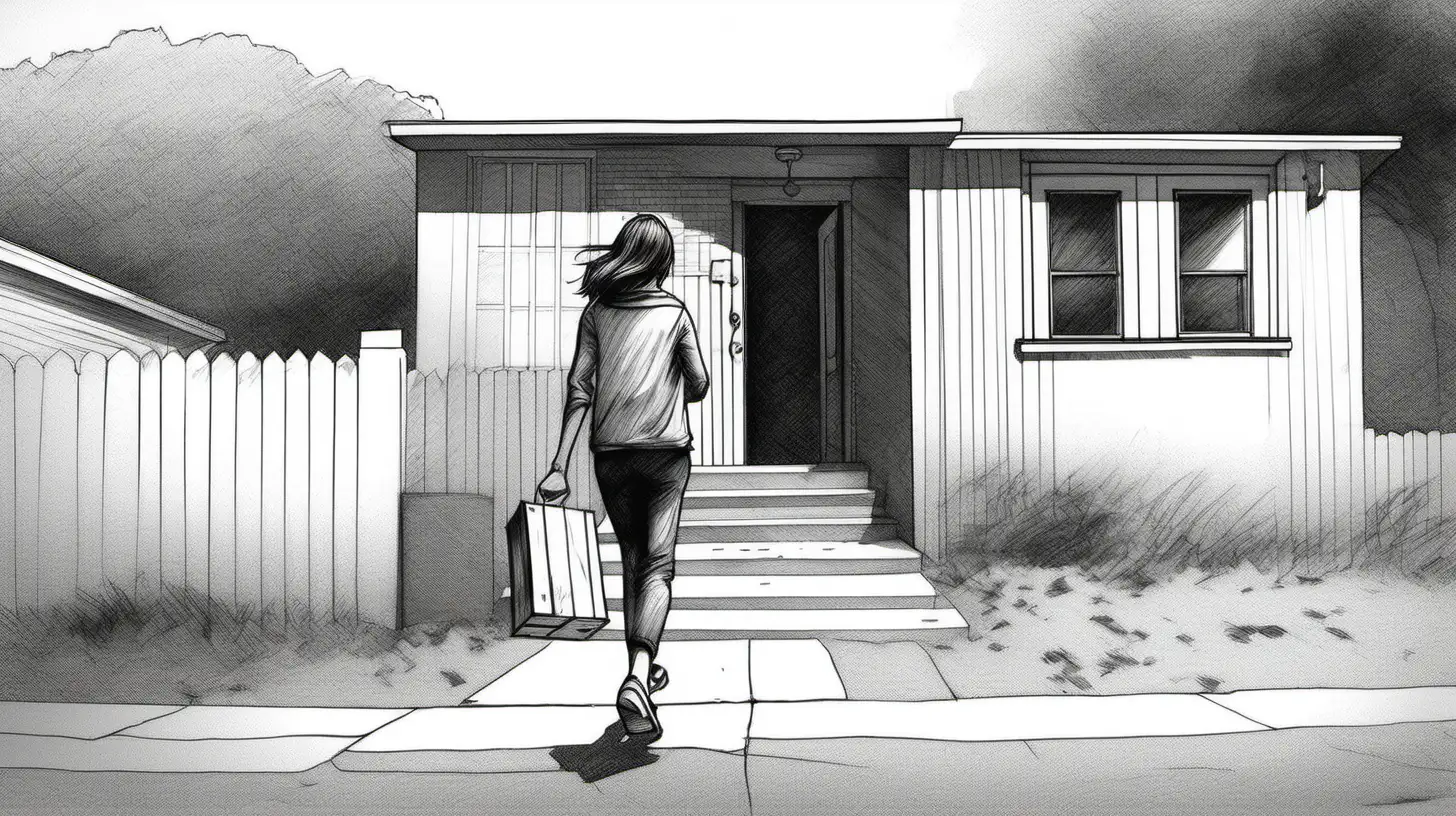 A black and white sketch of a wide shot of a stressed young woman walking up to  her house, she is holding a moving box in both hands.