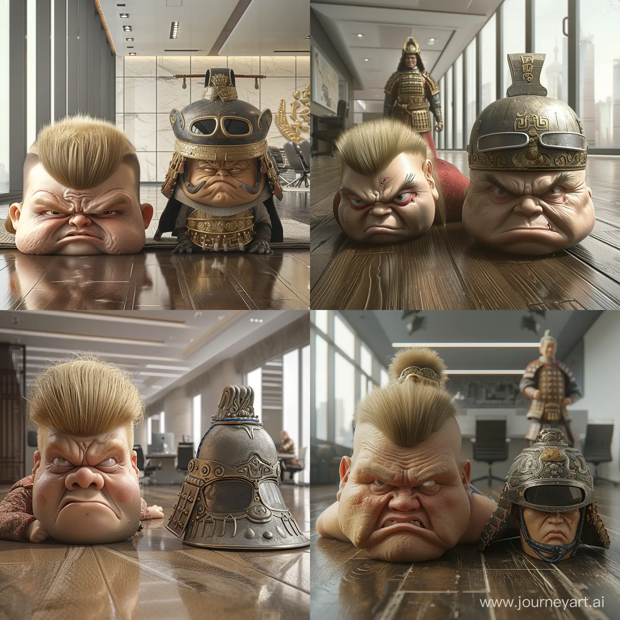 Realistic. Angry and gawky looking guy with bulbous cheeks and geeky blonde fringe lying on the floor. Medieval Chinese solider with visor helmet standing next to him. Background is a sleek corporate office.