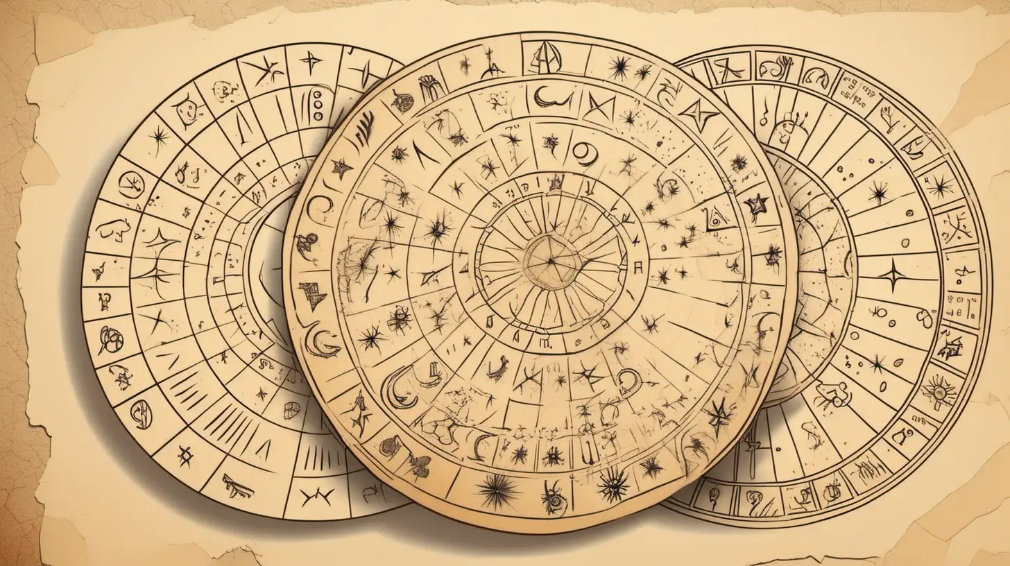 Astrology Wheels and Zodiac Symbols on Beige Paper