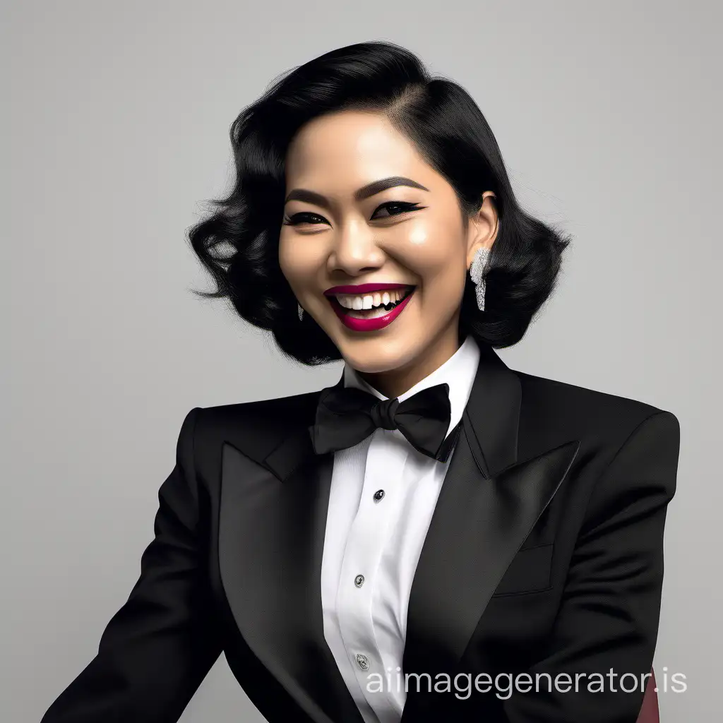 A sophisticated and confident Indonesian woman with shoulder-length hair and lipstick is seated behind a large desk. She is wearing a black tuxedo with a black jacket. Her shirt is white with double French cuffs and a wing collar. Her bowtie is black. Her cufflinks are silver. She is smiling and laughing.