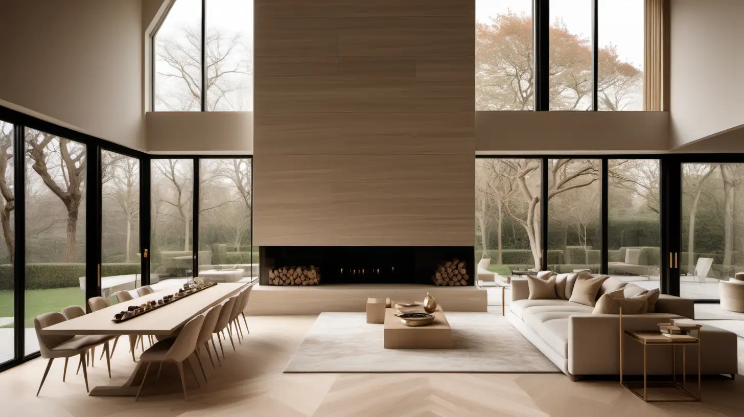 Elegant DoubleHeight Minimalist Living Space with Taj Mahal Quartzite Fireplace