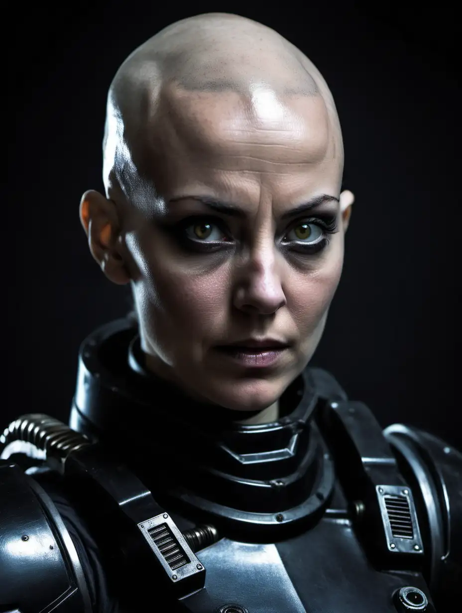 Image of a 30 years old woman in heavy black science fiction power armor.
Dark eyes.
No helmet. 
Bald, and a very serious look on face. Dark background in image.
