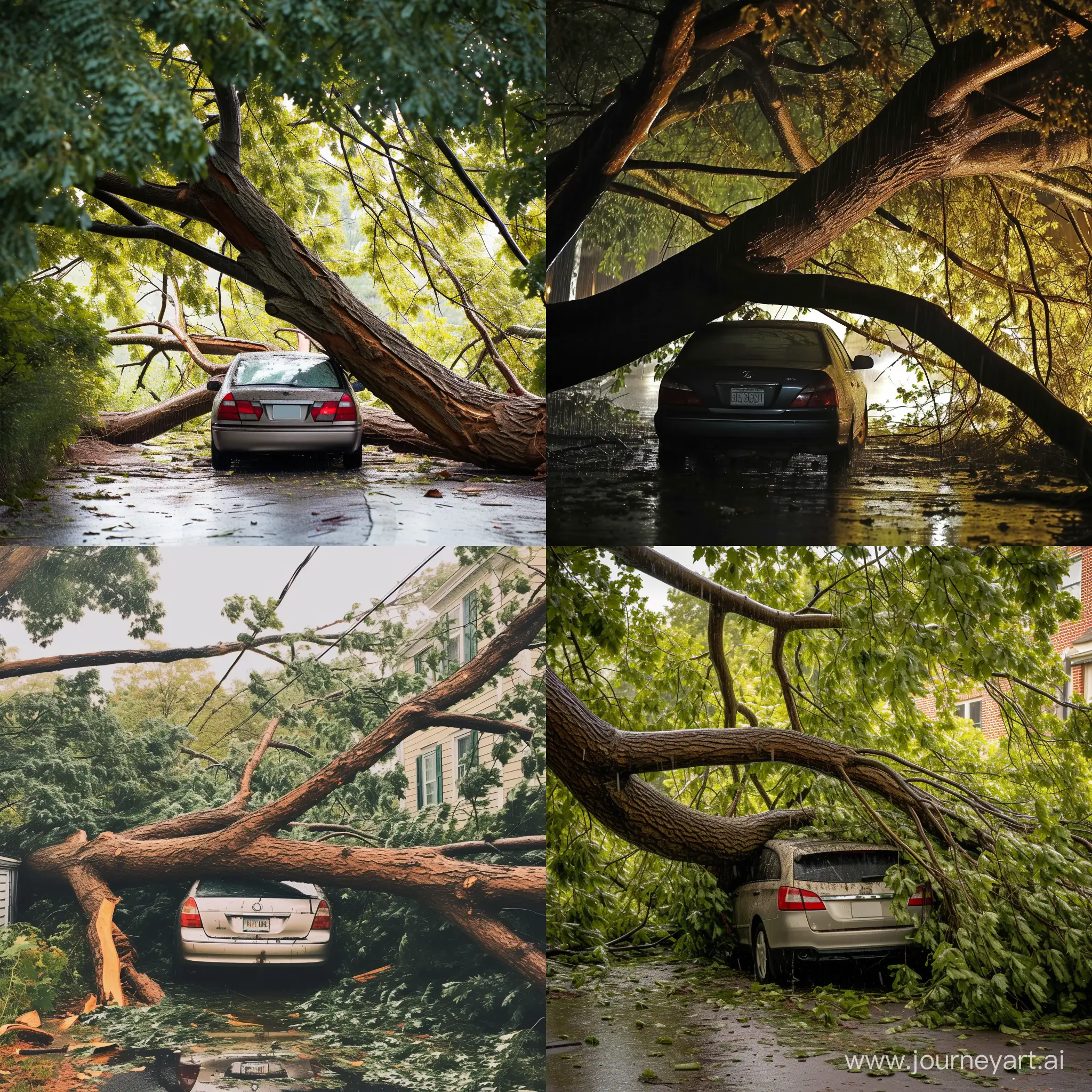 car under the fallen tree in rainy weather, car is not damaged and tree is not touching the car, tree is bent over the car