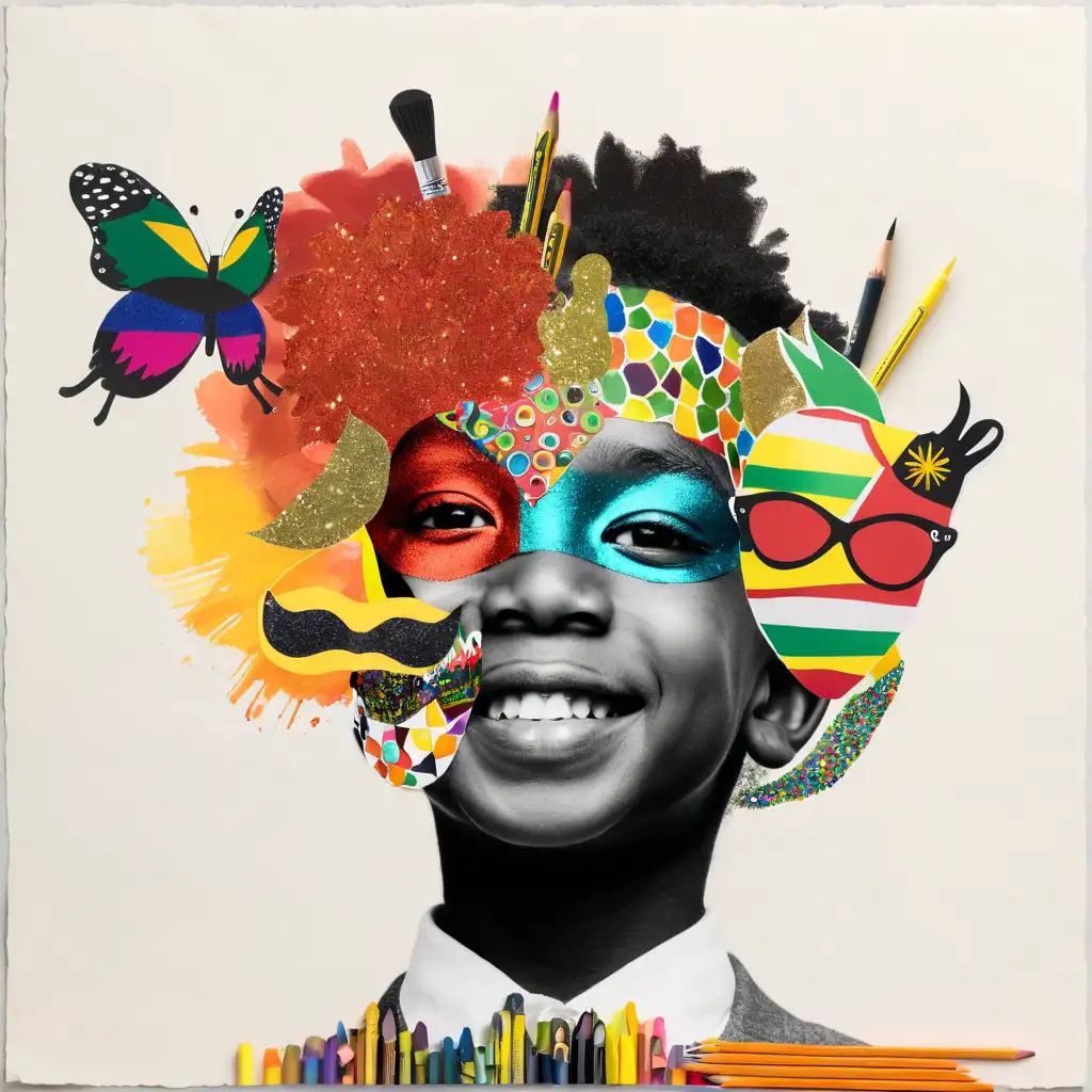 paper collage of one happy face of a little Afrikan boy. black and white face. with colourful masks, theater, microphone, glitter, crayons, pencils, paint. 