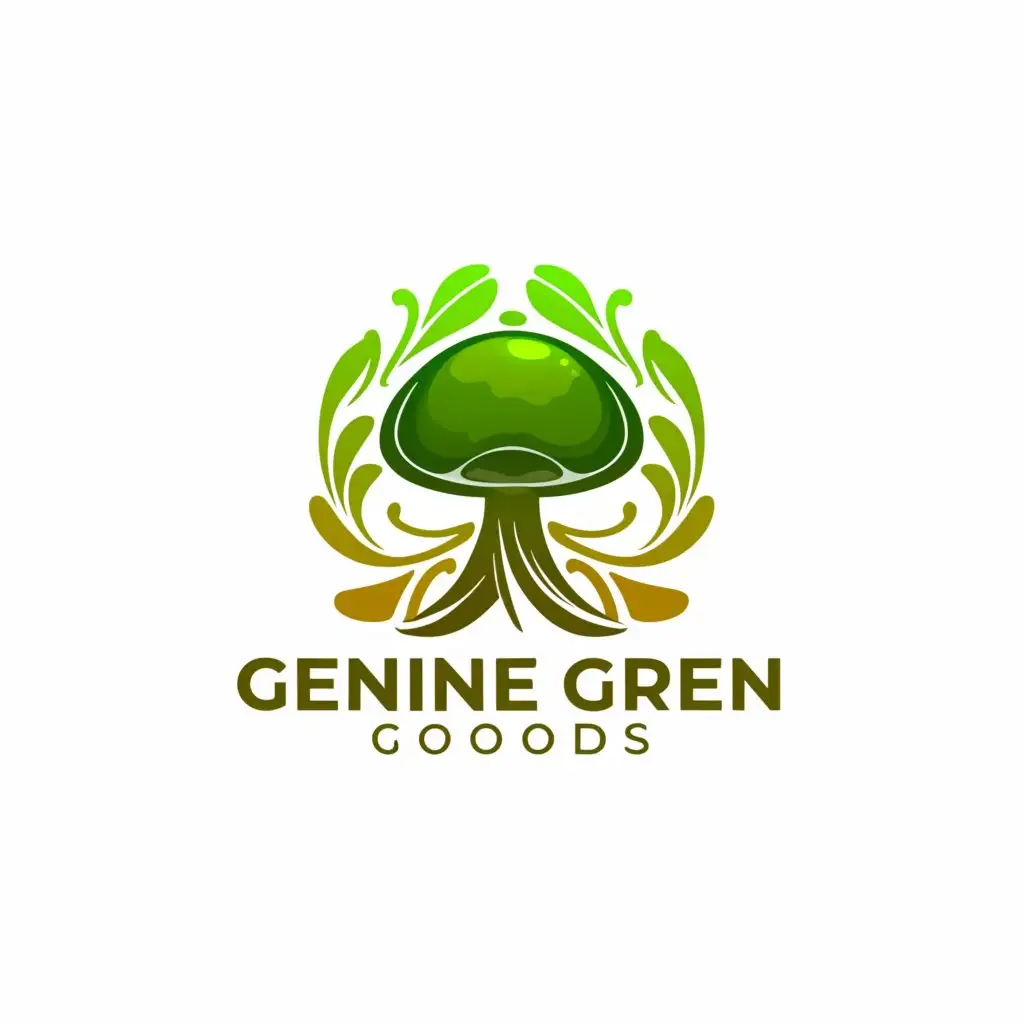 a logo design,with the text "Genuine Green Goods", main symbol:Mushrooms and weed,complex,clear background