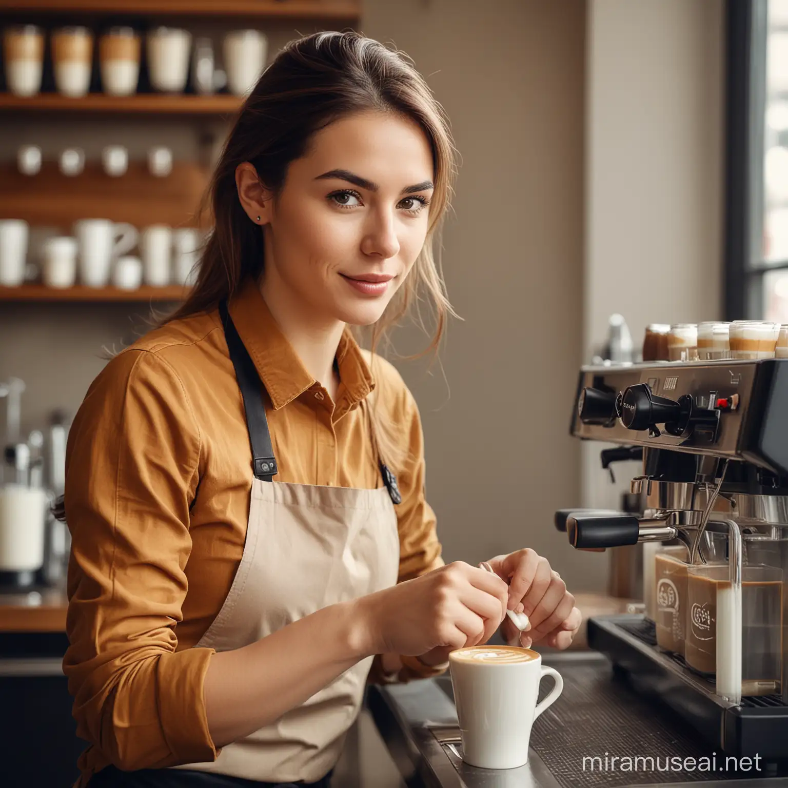 Beautiful woman barista making latte art in coffee shop counter , rim light , leica camera photo style, high resolution pic