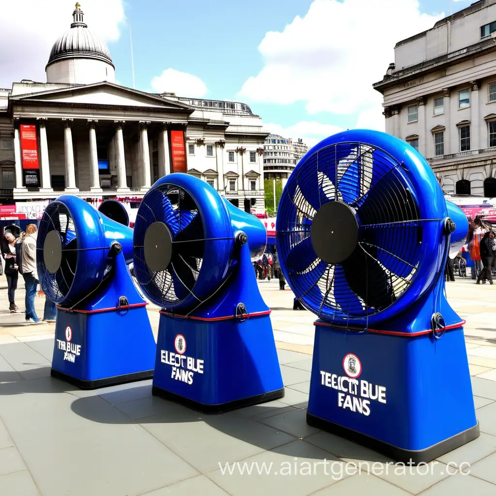 5 big blue electric fans line up on the Trafalgar square 