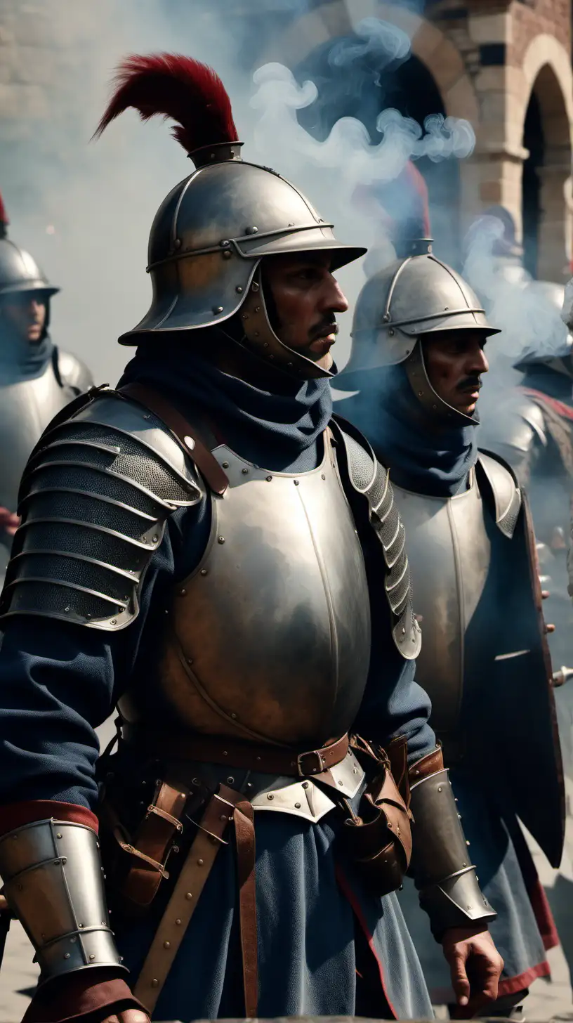 Soldados de los tercios,humo, sin casco y con coraza,siglo XV, imagen ultra realista, iluminación cinemática, alta definición,8k