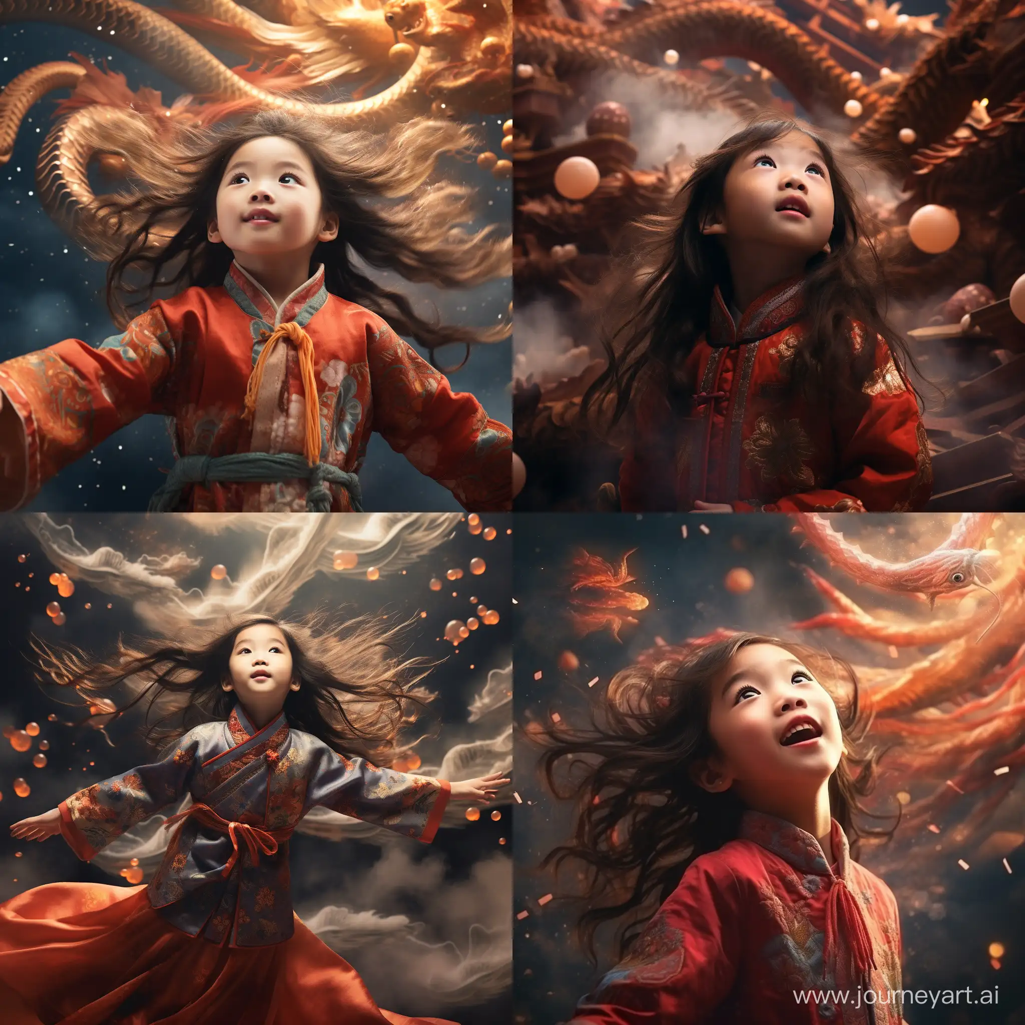 Festive-Chinese-New-Year-Enchanting-Moment-of-a-5YearOld-Girl-Gazing-at-Soaring-Dragon