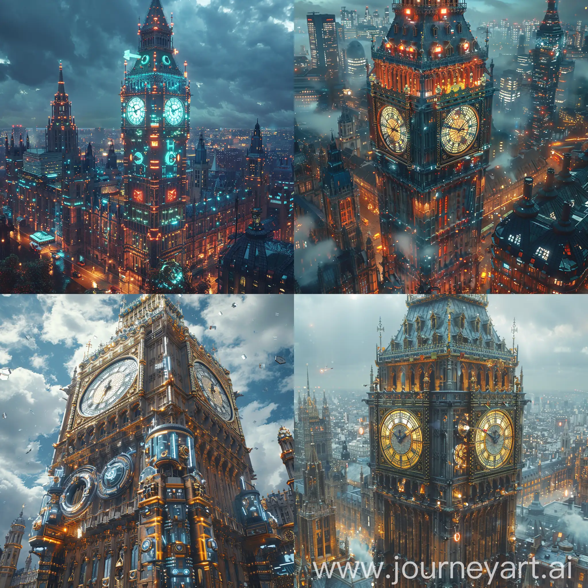 Futuristic Big Ben, ultra-modern Big Ben, ultramodern Big Ben, cybernetics, octane render --stylize 1000