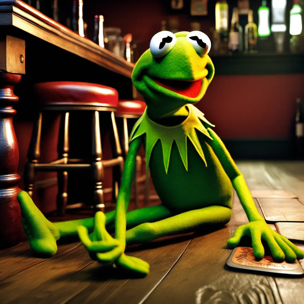 Drunk Kermit realistic on the floor of a tavern
