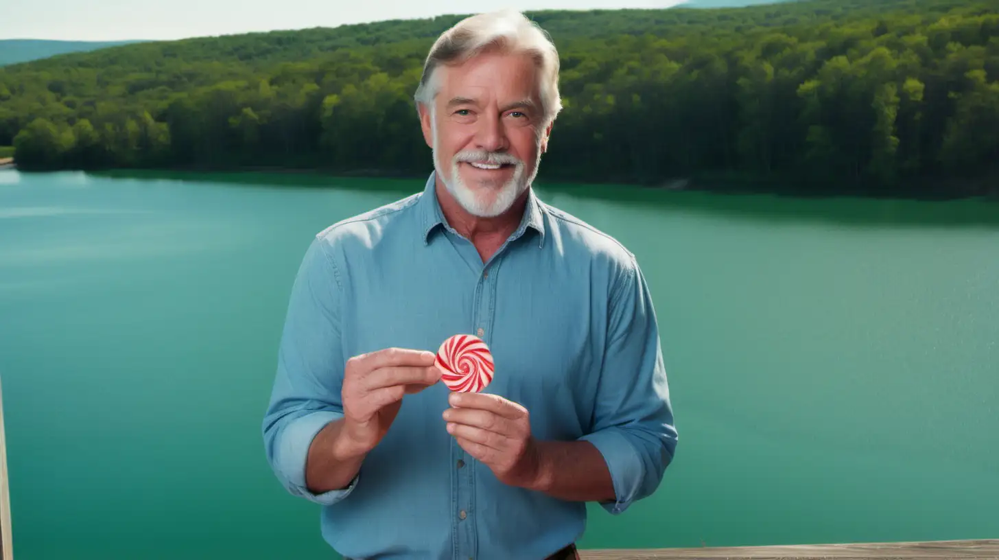 Handsome American man of 45 years in front of beautiful lake offers a single candy