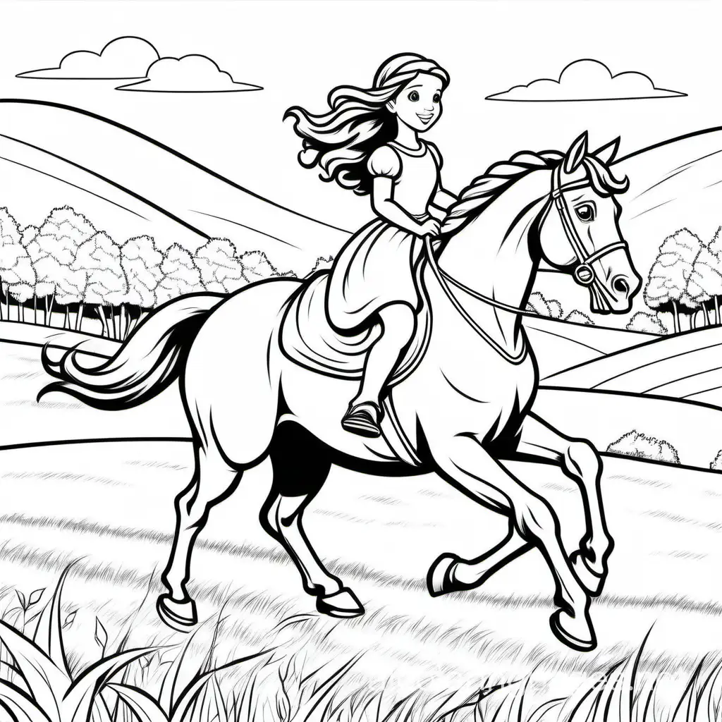 Princess on a running horse in a field, Coloring Page, black and white, line art, white background, Simplicity, Ample White Space. The background of the coloring page is plain white to make it easy for young children to color within the lines. The outlines of all the subjects are easy to distinguish, making it simple for kids to color without too much difficulty