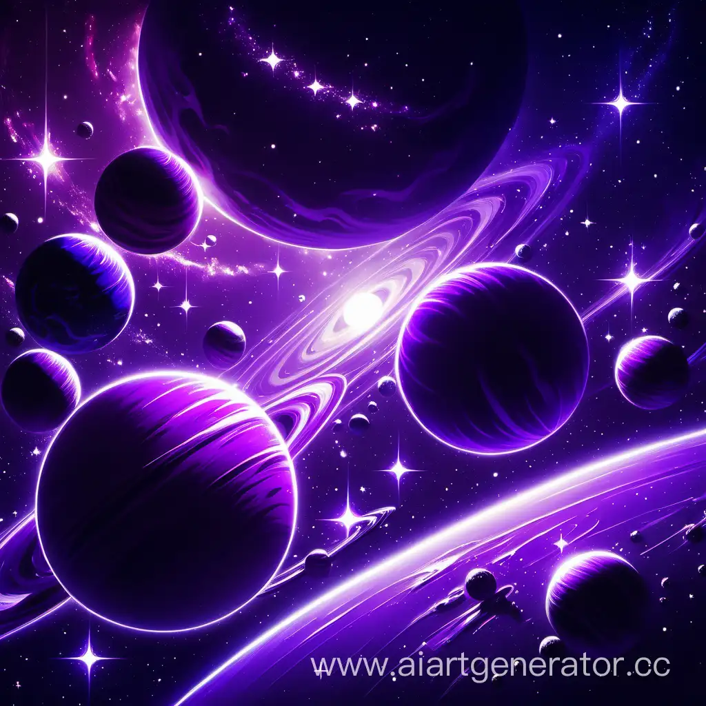 Vibrant-Violet-Planets-Floating-in-Space-Amidst-Bright-Stars