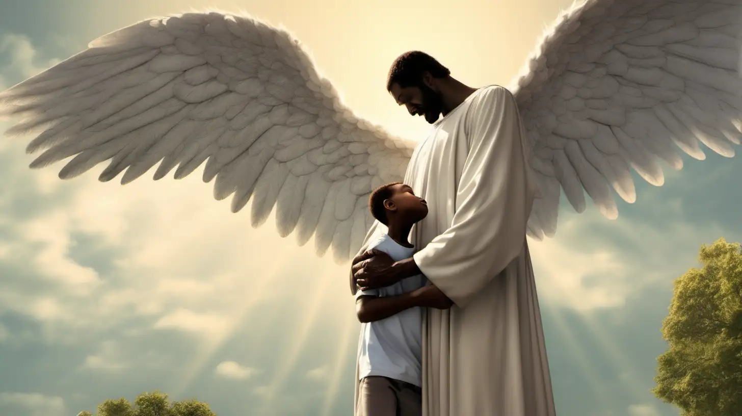 An very tall Angel standing over a black father, who is embracing his son.