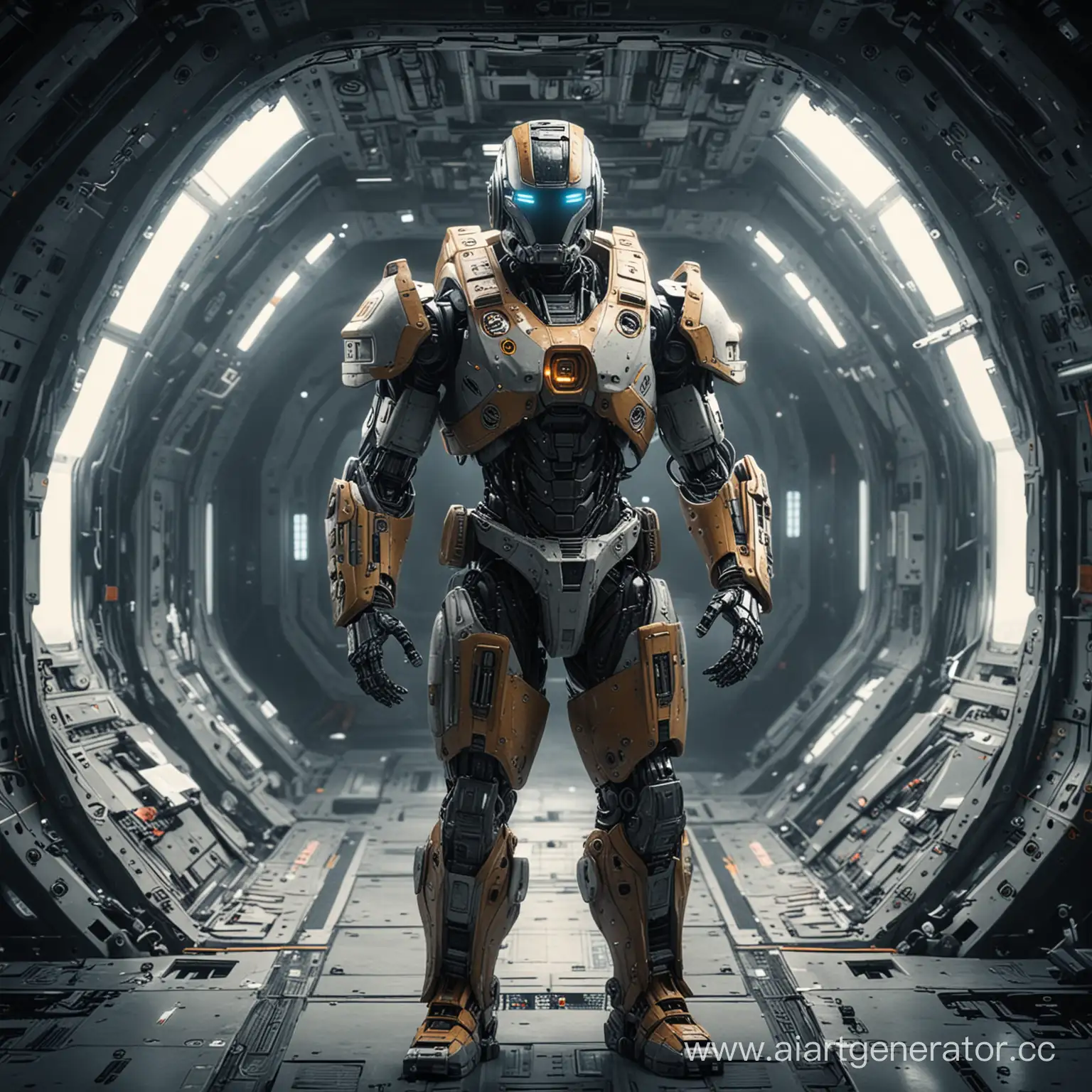 Futuristic-Robot-Soldier-Patrolling-Inside-a-Sleek-Spaceship