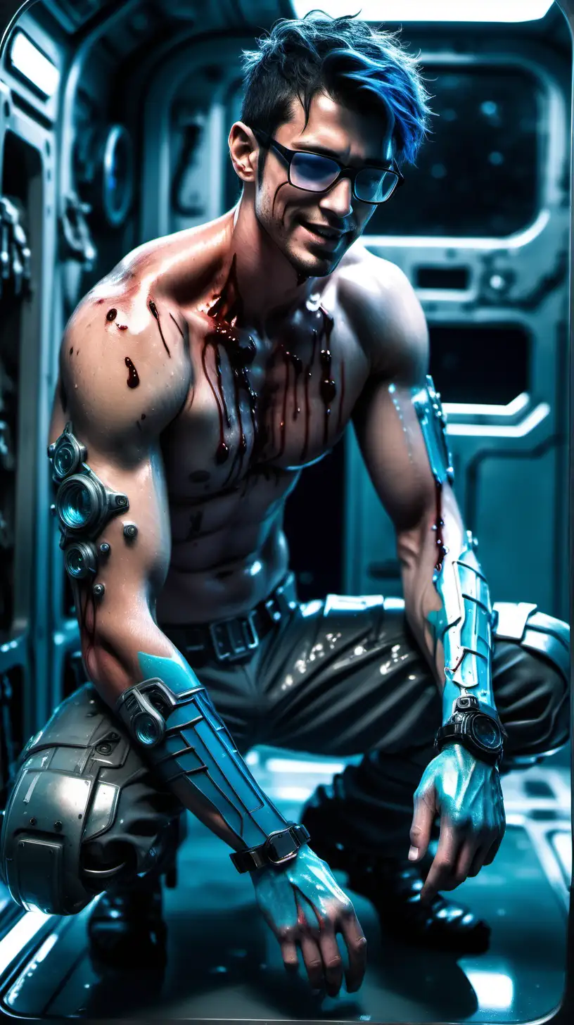 An exhausted handsome shirtless dripping wet bloodied muscular android, on his knees inside a spaceship. He tries his best to squeeze a smile to comfort his boyfriend.
His injuries sparkle showing the intensity of the battle he barely survived.
facial features: glowing aquamarine eyes, short  navy blue hair, stubbles, 5 o'clock shadow, hairy chest
attire: glasses, futuristic bracelets and leg armor