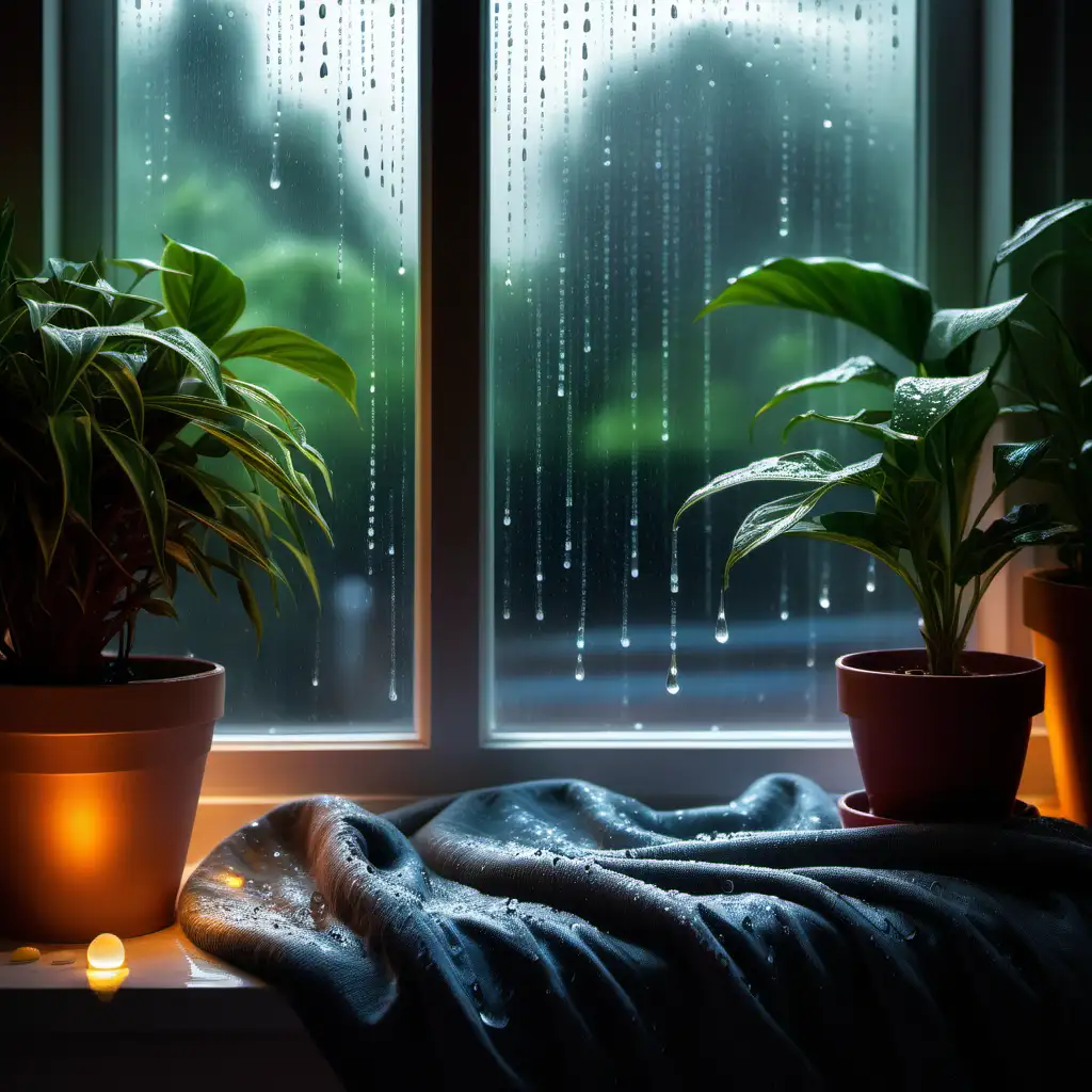 Cozy Rainy Day Ambiance Night Light Among Potted Plants on a Rainy Window Sill