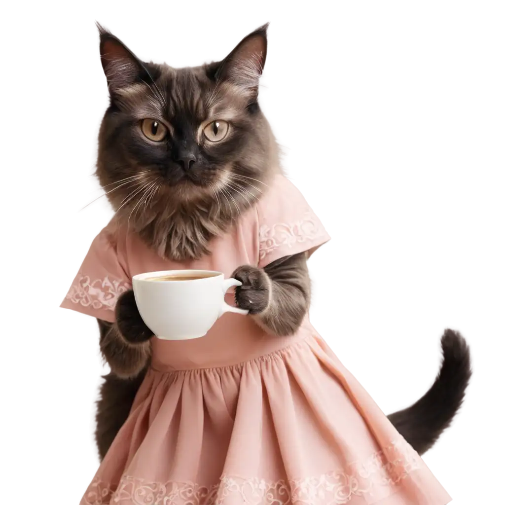 Adorable-PNG-Illustration-Cute-Cat-in-Dress-Enjoying-a-Coffee-Break