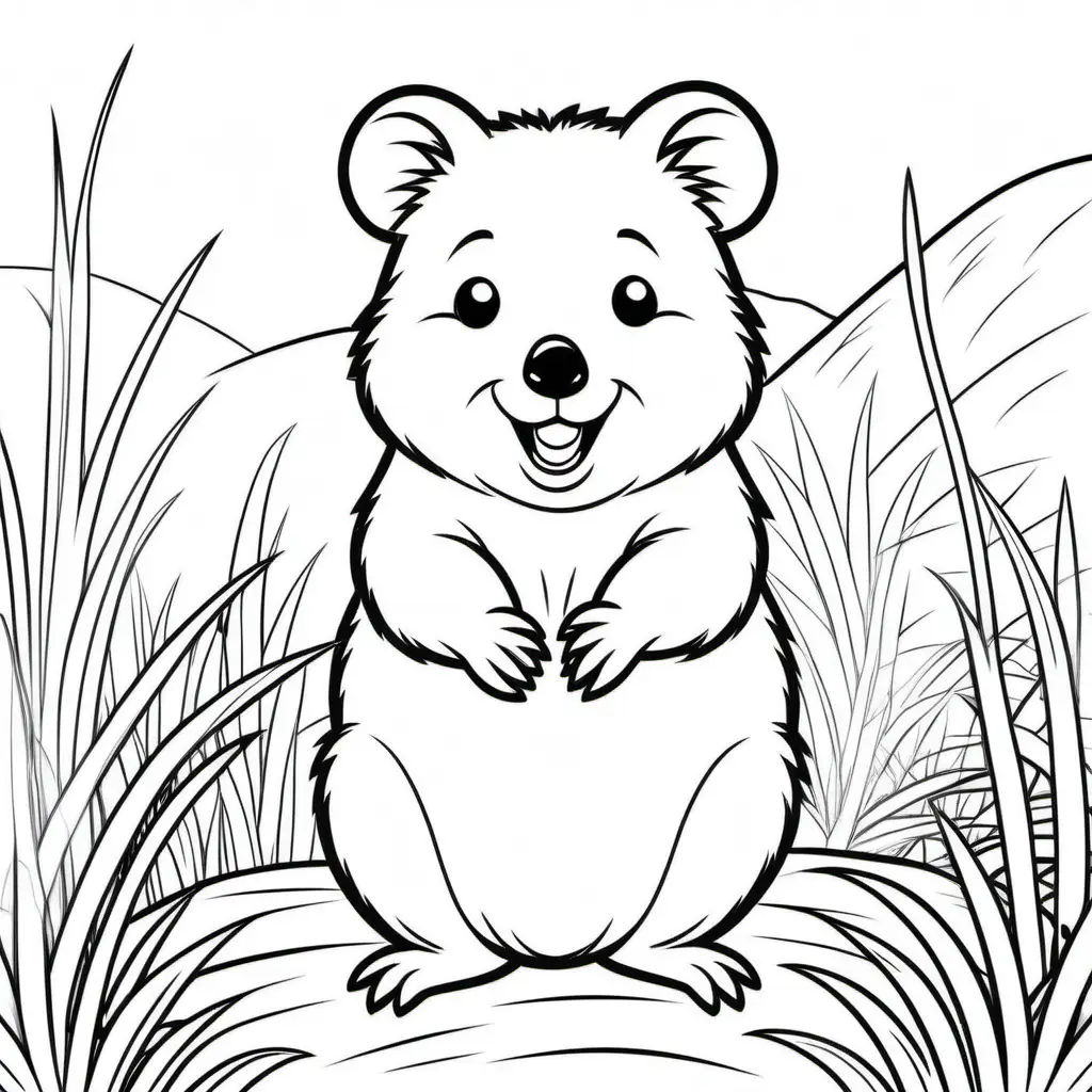 Create a coloring book page for 1 to 4 year olds. A simple cartoon  cute smiling friendly faced Quokka in their native enviroment. The image should have no shading or block colors and no background, make sure the animal fits in the picture fully and just clear lines for coloring. make all images with more cartoon faces and smiling