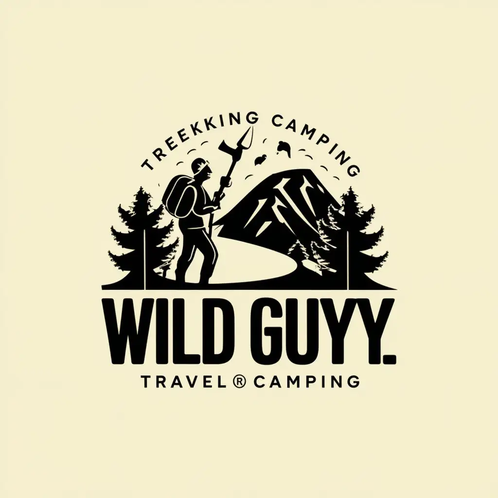 logo, Wild man travel trekking camping, with the text "WILD GUYY", typography, be used in Travel industry
