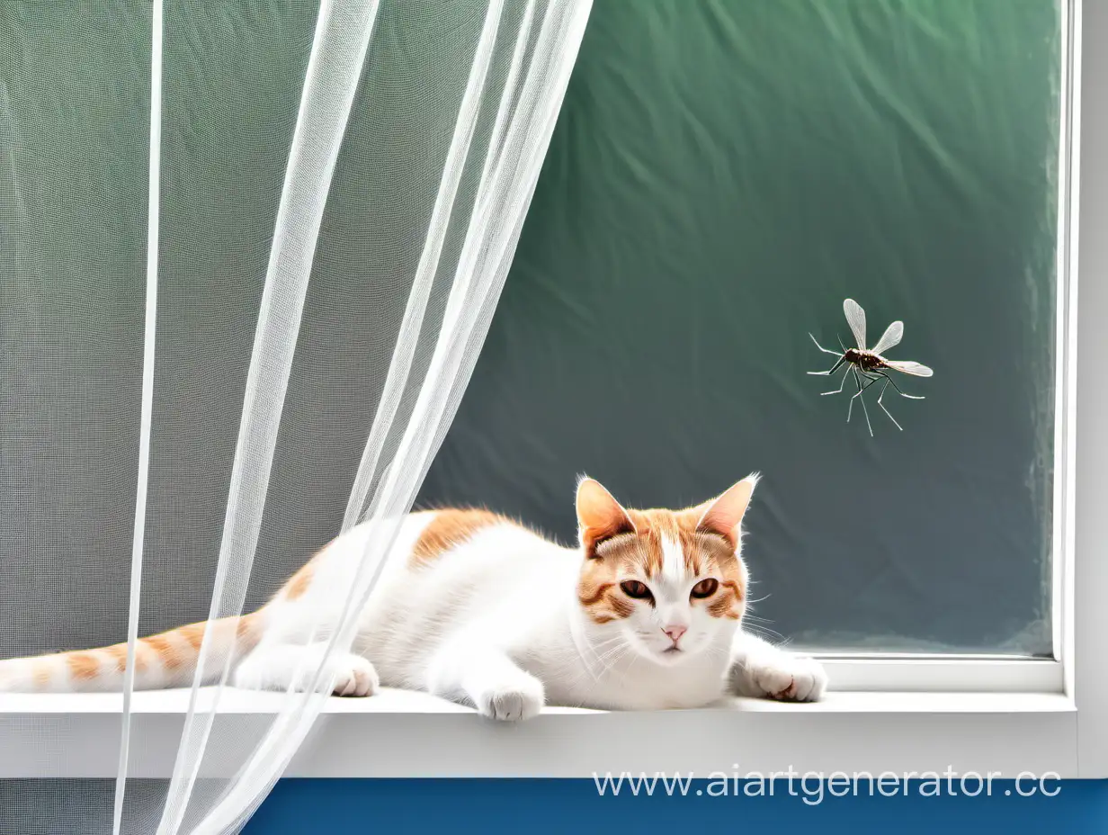 Cat-Observing-Mosquito-Net-on-Window