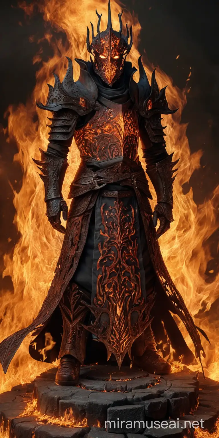 Epic Battle Scene Lord of Cinder Confrontation in Fiery Ruins