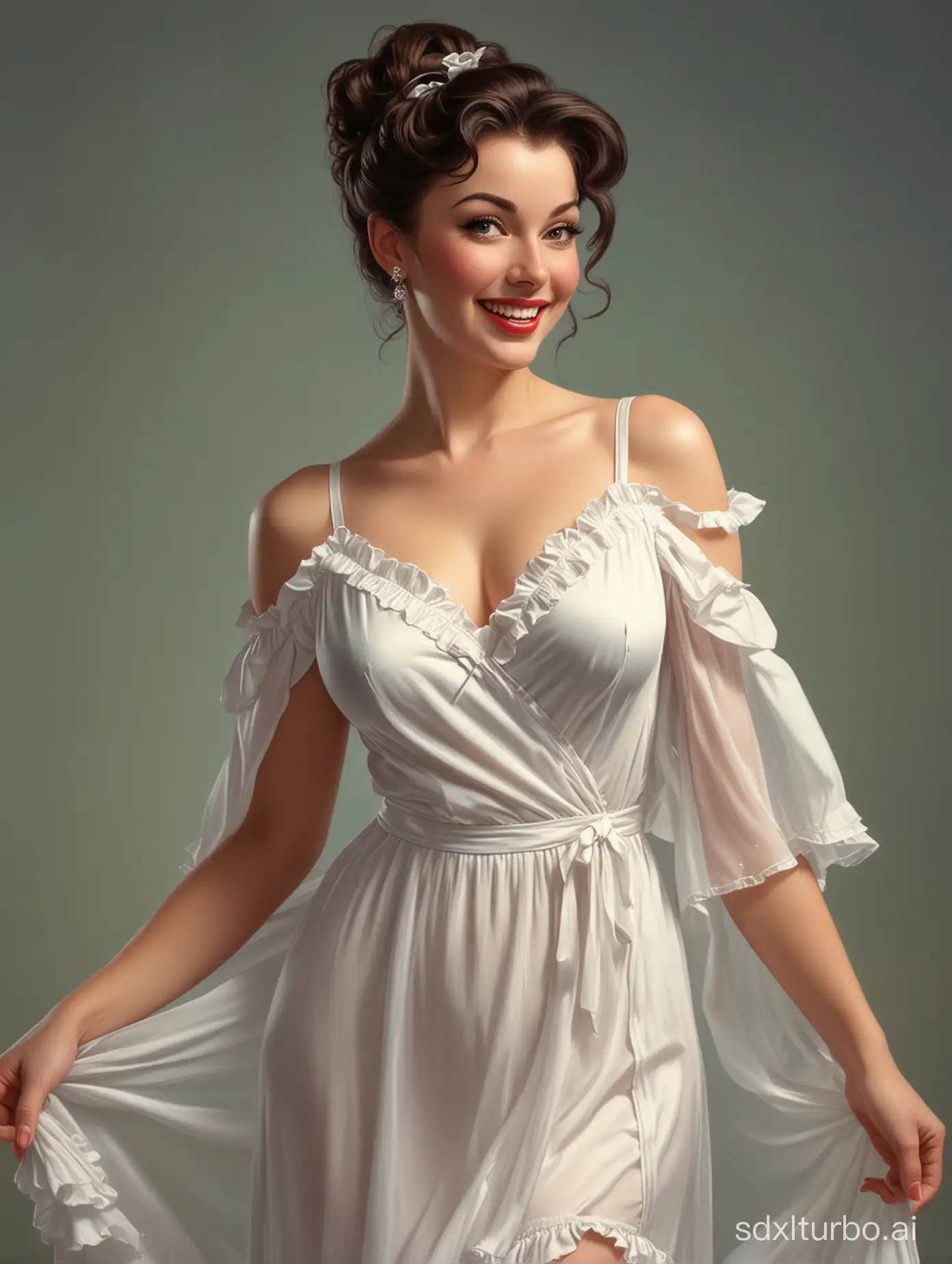 a full body picture of a woman in a white dress, by Gil Elvgren, karol bak uhd, high detail, playful smirk, burlesque, wearing a nightgown, ad image, angus mcbride, frill, waist - up, detail shot, boris vallejo and tom bagshaw, slightly smiling,  detail, full pose