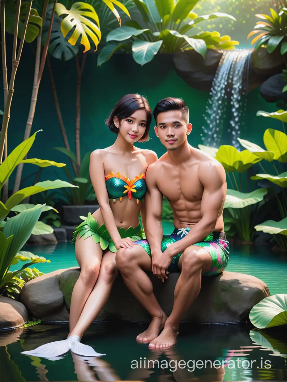 An Indonesian handsome young man, black short neat hair. Wearing Hawaiian short  shirtless, having photoshoot with an Indonesian beautiful girl wearing mermaid costume, they are sitting at the pond back to back. Background is the studio mini jungle with the beautiful pond.