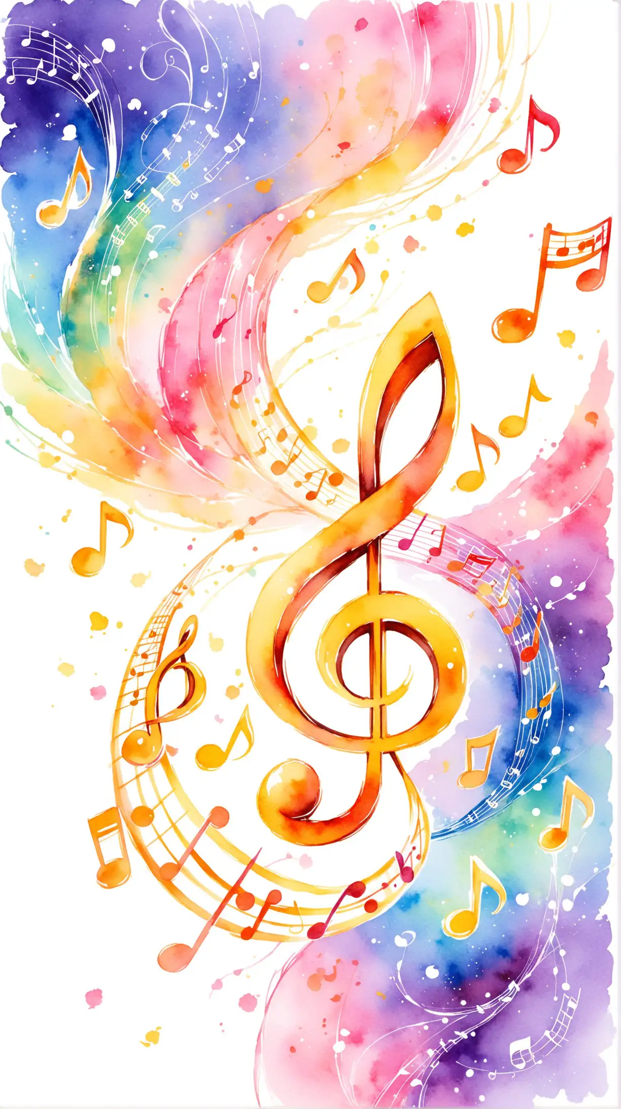 on a white background, painted in watercolor in anime style, treble clef, notes, inspiration, flight