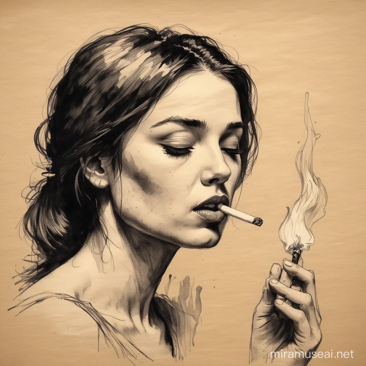 Prompt:a very simple sketch of a woman with a cigarette in her mouth in black ink, background is a piece of crumpled white paper. The woman is holding a realistic matchstick with her fingers away from her face, realistic flames coming out of it, sharp attention to detail to matchstick and flame, flame is giving off a warm glow --v 6.0