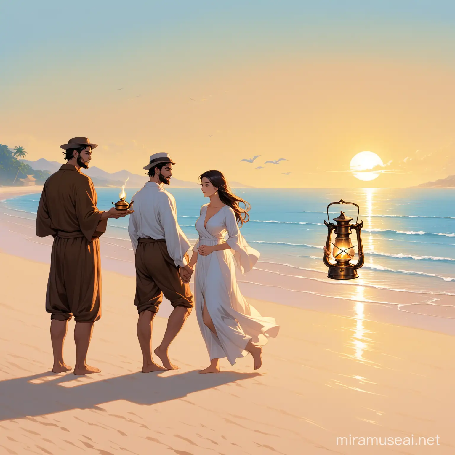 Kaksi miestä ja nainen rannalla, sekä ikivanhan öljylampun henki!