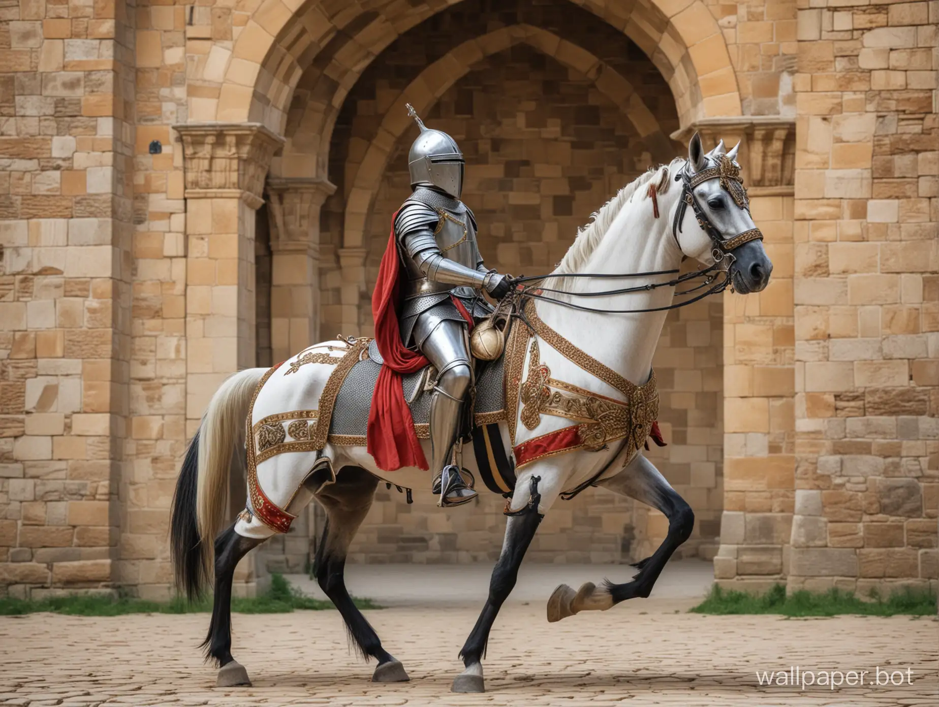 A beetle dressed as a knight on a Arabian horse in a medieval castle
