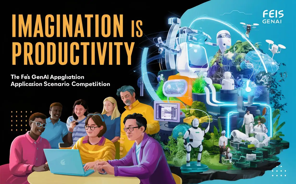 FEIS GenAI Application Scenario Competition Poster with Slogan "Imagination is Productivity"