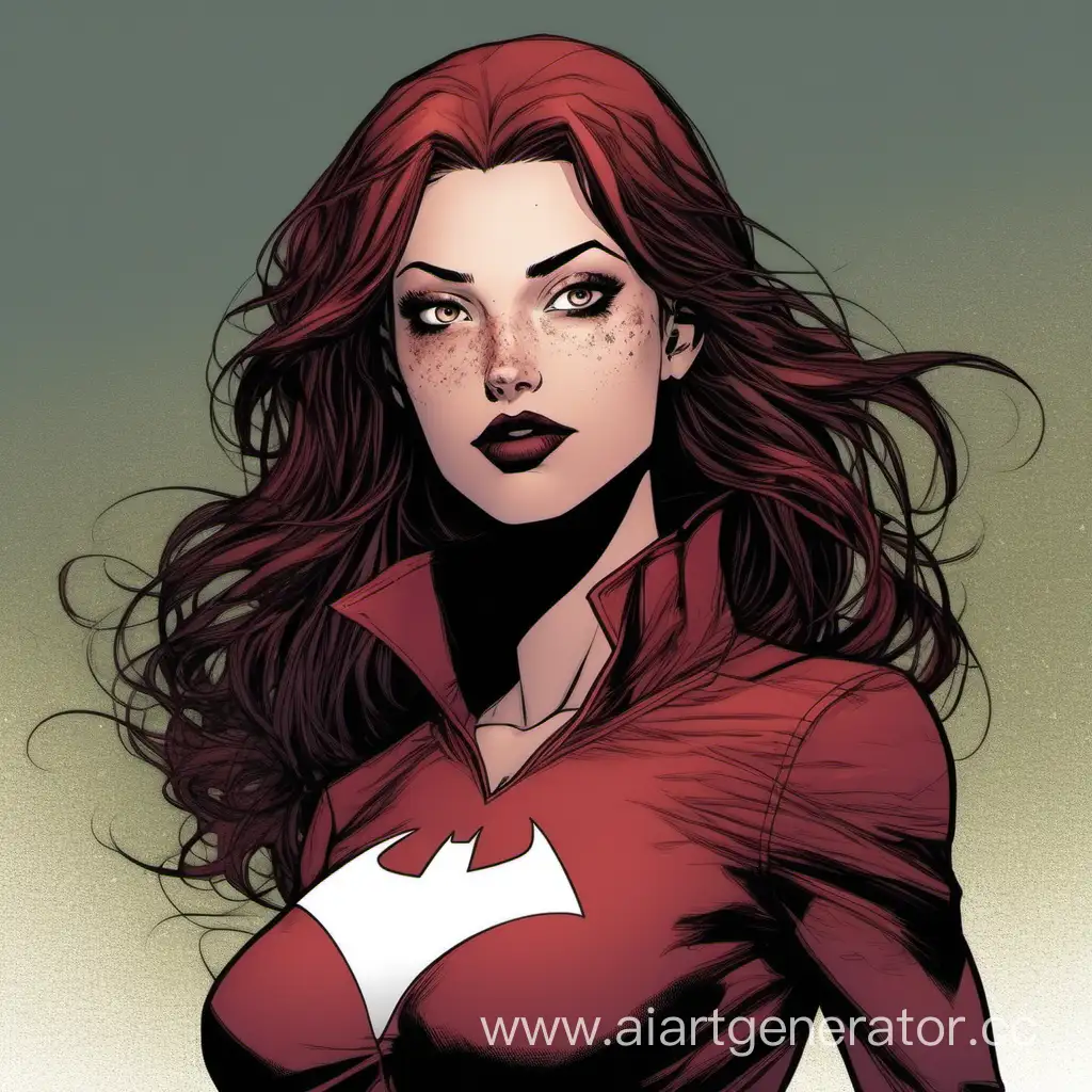 DC comics Greg Capullo style girl with fair skin and freckles, dark brown eyes, burgundy eyes. She wears dark red clothes