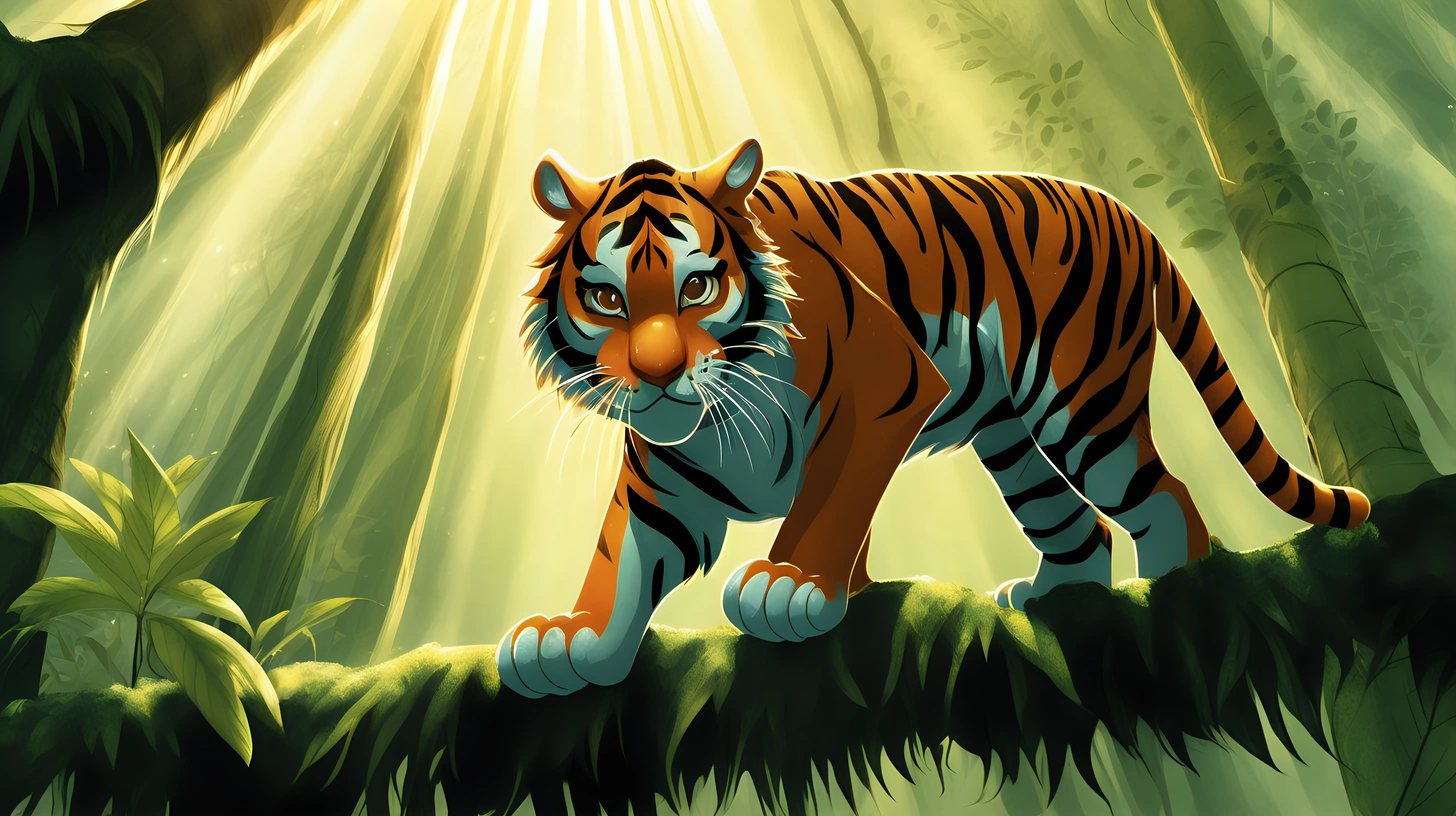 Illustrate a playful scene of a tiger interacting with a beam of sunlight filtering through a dense canopy, capturing the joy and curiosity of this incredible feline