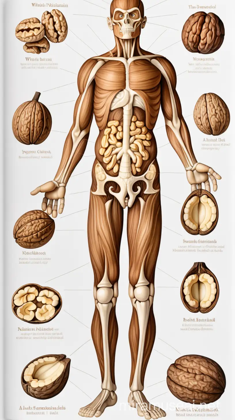 a portrait of walnut essential nutrients in the human body system; white background