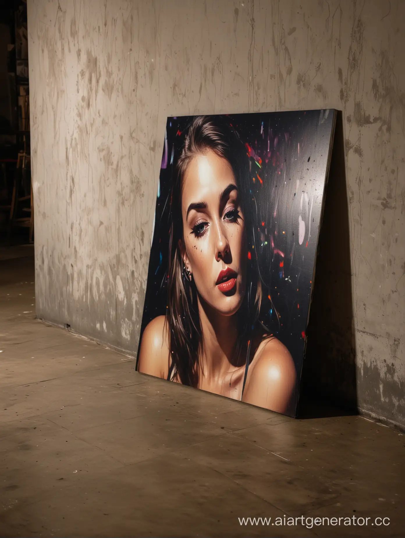 горизонтальный портрет на холсте стоит на полу прислонившись к стене в ночном клубе