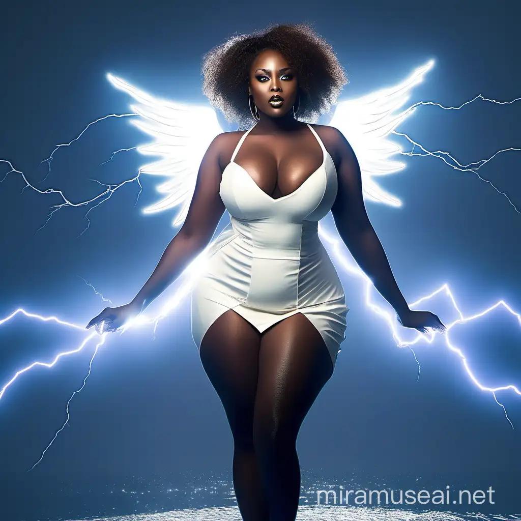 Realist stunning beautiful inticate super idol girl, lightning element, beauty elegant suit dress, background lightning lake, detailed studio photoshoot, studio lighting, focused fullbody dress, bright black skin, angel beauty face, huge busty oversize chubby boobs, charming, seductive smile, looking into viewer, standing in mid air