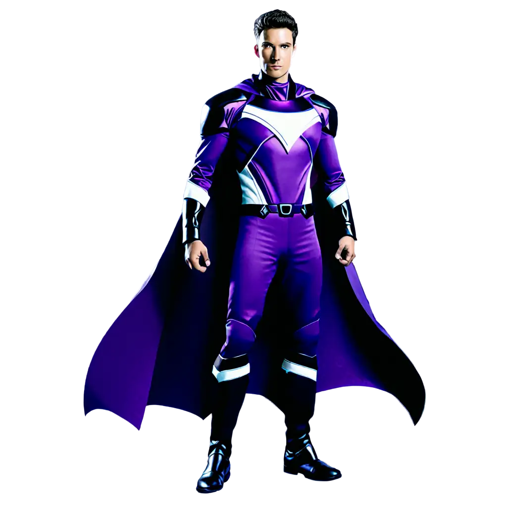 a dark purple, black and white dressed male space superhero