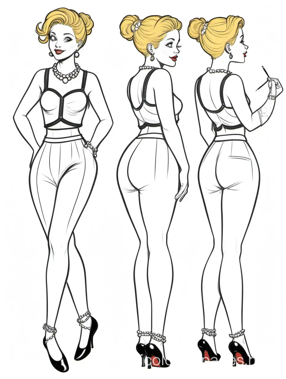 character study, CABARET SINGER, GOLD hair, up do hair, FRENCH short AND CROP TOP, ANKLET, multiple poses, full body, half body, quarter body, arms in poses, hair up and hair down, artist canvas, annotations, Coloring Page, black and white, line art, white background, Simplicity, Ample White Space. The background of the coloring page is plain white to make it easy for young children to color within the lines. The outlines of all the subjects are easy to distinguish, making it simple for kids to color without too much difficulty